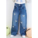 Breeze Kız Çocuk Jean Pantolon Inci Detaylı Fiyonk Işlemeli 5-9 Yaş, Mavi - 5 Yaş