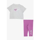 BREEZE Kız Çocuk Kapri Taytlı Crop Takım Simli Ayıcık Baskılı 6-10 Yaş, Açık Gri Melanj