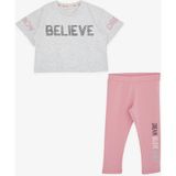 Breeze Kız Çocuk Kapri Taytlı Crop Takım Yazı Baskılı 8-12 Yaş, Açık Gri Melanj - 10 Yaş