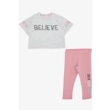 BREEZE Kız Çocuk Kapri Taytlı Crop Takım Yazı Baskılı 8-12 Yaş, Açık Gri Melanj