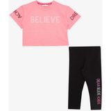 Breeze Kız Çocuk Kapri Taytlı Crop Takım Yazı Baskılı 8-12 Yaş, Neon Pembe - 9 Yaş