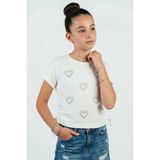 Breeze Kız Çocuk Kısa Kollu Tişört Yanları Lastik Detaylı Fiyonk Aksesuarlı Taşlı Kalp Baskılı 6-12 Yaş , Ekru - 6 Yaş