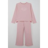 Breeze Kız Çocuk Pantolonlu Takım Yazı Nakışlı Fiyonk Detaylı 4-8 Yaş, Pembe - 6 Yaş