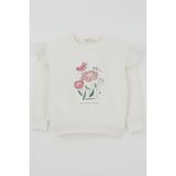 Breeze Kız Çocuk Sweatshirt Omuzları Çiçek Nakış Detaylı Çiçek Baskılı 2-6 Yaş, Ekru - 3 Yaş