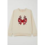 Breeze Kız Çocuk Sweatshirt Ponponlu Yılbaşı Kurdeleli 6-12 Yaş, Krem - Krem Rengi