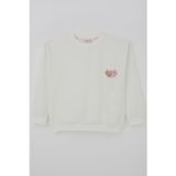 Breeze Kız Çocuk Sweatshirt Waffle Dokulu Kalpli Ponponlu Arma Detaylı 5-9 Yaş, Ekru