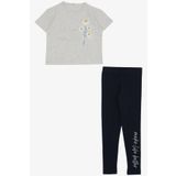 BREEZE Kız Çocuk Taytlı Takım Çiçek & Yazı Baskılı Fiyonklu 5-10 Yaş, Açık Gri Melanj