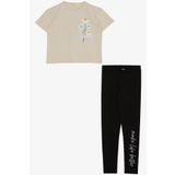 BREEZE Kız Çocuk Taytlı Takım Çiçek & Yazı Baskılı Fiyonklu 5-10 Yaş, Bej