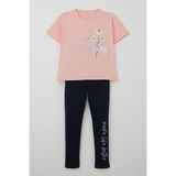 Breeze Kız Çocuk Taytlı Takım Çiçek & Yazı Baskılı Fiyonklu 5-10 Yaş, Pembe - 6 Yaş
