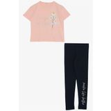 Breeze Kız Çocuk Taytlı Takım Çiçek & Yazı Baskılı Fiyonklu 5-10 Yaş, Pembe