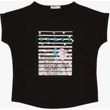 Breeze Kız Çocuk Tişört Çiçek & Yazı Baskılı Pullu 9-14 Yaş, Siyah - 12 Yaş