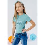 Breeze Kız Çocuk Tişört Crop Sırt Dekolteli Yazı Baskılı Simli 9-14 Yaş, Su Yeşili - 9 Yaş