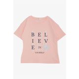 Breeze Kız Çocuk Tişört Crop Slogan Temalı Çiçek Baskılı 9-14 Yaş, Somon