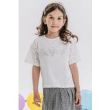 BREEZE Kız Çocuk Tişört Kolları Güpürlü Nakışlı Taşlı Yazı Baskılı 9-14 Yaş, Ekru