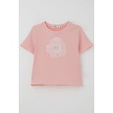 Breeze Kız Çocuk Tişört Tül Çiçek Armalı Boncuk Aksesuarlı Kemer Boy 8-14 Yaş, Pembe - 8 Yaş