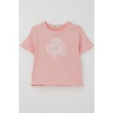 Breeze Kız Çocuk Tişört Tül Çiçek Armalı Boncuk Aksesuarlı Kemer Boy 8-14 Yaş, Pembe
