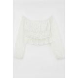 Breeze Kız Çocuk Uzun Kollu Dantelli Crop Bluz Çiçek Desenli 9-14 Yaş, Beyaz - 11 Yaş