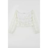 Breeze Kız Çocuk Uzun Kollu Dantelli Crop Bluz Yaprak Desenli 9-14 Yaş, Beyaz
