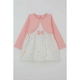 Breeze Kız Çocuk Uzun Kollu Elbise Bolerolu Eteği Çiçek Desenli Fiyonklu 3-8 Yaş, Pembe