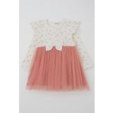 Breeze Kız Çocuk Uzun Kollu Elbise Çiçekli Fiyonklu Tüllü 1.5-5 Yaş, Ekru