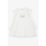 Breeze Kız Çocuk Uzun Kollu Elbise Yazı Nakışlı Pullu Tüllü Omzu Fırfırlı 1.5-5 Yaş, Beyaz