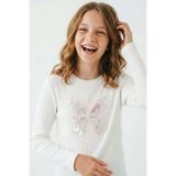 Breeze Kız Çocuk Uzun Kollu Tişört Pul Işlemeli Kelebek Armallı 9-14 Yaş, Ekru