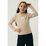 Breeze Kız Çocuk Uzun Kollu Tişört Vintage Dantel Fiyonk Aplikeli 5-10 Yaş, Bej