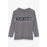 Breeze Koyu Gri Melanj 10-16 YaşUzun Kollu Taşlı Yazı Baskılı Kız Çocuk T-shirt