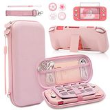 BRHE Pembe Seyahat Taşıma Çantası Aksesuar Seti Switch Lite için, Sert Koruyucu Kapak Kılıf Standlı Kabuk, Cam Ekran Koruyucu, Başparmak Kavrama Kapakları 9'u 1 arada