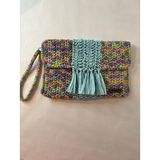 Bright3 Mavi Püsküllü , El Yapımı, Astarlı, Çıtçıtlı, Ebruli Kağıt İp, Clutch El Çantası