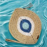 Bright3 Nazar Boncuklu , El Yapımı, El Örgüsü, Clutch , Portföy Çanta, Fermuarlı, Astarlı, Mavi Püsküllü, - Renkli