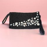 Bright3 Siyah, El Yapımı, Astarlı, Çıtçıtlı Kağıt İp Clutch Çanta Parlak Payet Boncuk Midye Aksesuar