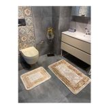 Brillant Bordürlü Desenli 2'li Kaymaz Taban Banyo Paspas Takımı (60X100 - 60X50) Bej-altın