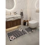 Brillant Damalı Çiçek Desenli Lateks Taban 2'li Banyo Paspası (60X100-60X50) - Bej