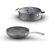 Brioni Stone-Age 3 Parça 24 cm Basık- 24 cm Tava Çizilmez Yanmaz Yapışmaz Kombin Tencere Tava Seti - Gri - 24cm, 24cm