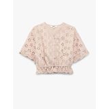 Brodeli V Yaka Kısa Kollu Pamuklu Fırfırlı Dantelli Bluz