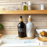 Brokoli Home 2 Adet Siyah Beyaz Dekoratif Mutfak Banyo Sıvı Cam Sabunluk Seti Bambu Stantlı Set Diğer