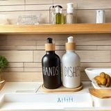 Brokoli Home 2 Adet Siyah Beyaz Dekoratif Mutfak Banyo Sıvı Cam Sabunluk Seti Bambu Stantlı Set
