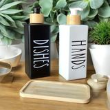 Brokoli Home 2’li Siyah Beyaz Dekoratif Mutfak Banyo Sıvı Cam Sabunluk Seti 300ML Bambu Stantlı Set