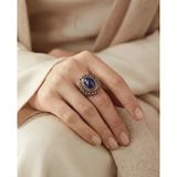 Bronz Takı Otantik Mavi Kristal Taşlı Oval Model Sıra Taşlı Ayarlanabilir Vintage Kadın Yüzük