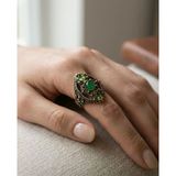 Bronz Vintage Kadın Yüzük Otantik Bakır Takı Yeşil Kristal Taş 3 Damla Ottoman Model Ayarlanabilir