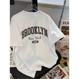 Brooklyn New York Baskılı Pamuklu Oversize T-Shirt - Beyaz - XL