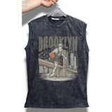 Brooklyn Yazılı Yıkamalı Kolsuz Tişört, Unisex Basketbol Temalı Sıfır Kollu Vintage Atlet - Siyah - 3XL