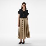 Brooks Brothers %100 Keten Kemerli Yırtmaçlı Midi Boy Kadın Bej Etek - 142-Bej