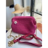Broş Aksesuarlı Hasır Kadın El ve Omuz Çantası,plaj Çantası, Portföy Clutch, Uzun Askısı Mevcuttur - Fuşya
