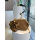 Broş Aksesuarlı Hasır Kadın El ve Omuz Çantası,plaj Çantası, Portföy Clutch, Uzun Askısı Mevcuttur - Taba