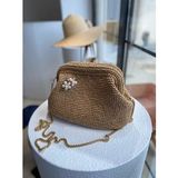 Broş Aksesuarlı HASIR Kadın El ve Omuz Çantası,Plaj Çantası, portföy clutch, uzun askısı mevcuttur