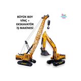 Brother Toys Büyük Boy Vinç + Büyük Boy Kepçe Ekskavatör Oyuncak Kırılmaz İş İnşaat Makinesi 30 Cm.