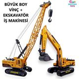 Brother Toys Oyuncak Kırılmaz Iş Makinaları Paletli Ekskavatör + Vinç Erkek Çocuk Oyuncak