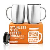 Brovino Paslanmaz Çelik Kapaklı Kahve Kupaları (2'li Set) - 396 ml Kapaklı ve Kulplu Çift Duvarlı Çelik Kahve Bardakları - Coffee to Goo, Seyahat, Dış Mekan, Kamp - Vakum, Kırılmaz, Dayanıklı Kahve Kupası
